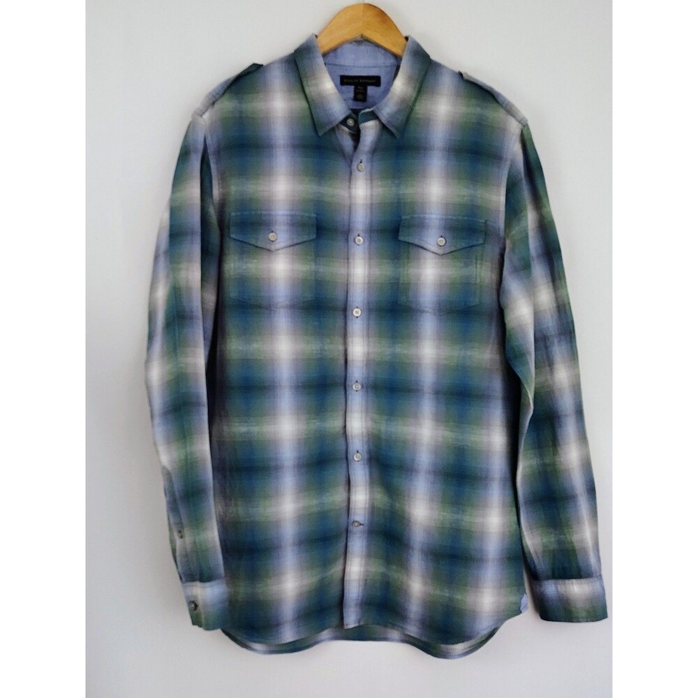 Banana Republic Shirt Men 16/16 1/2 Tall Blue Green Linen Blend Travel Coastal